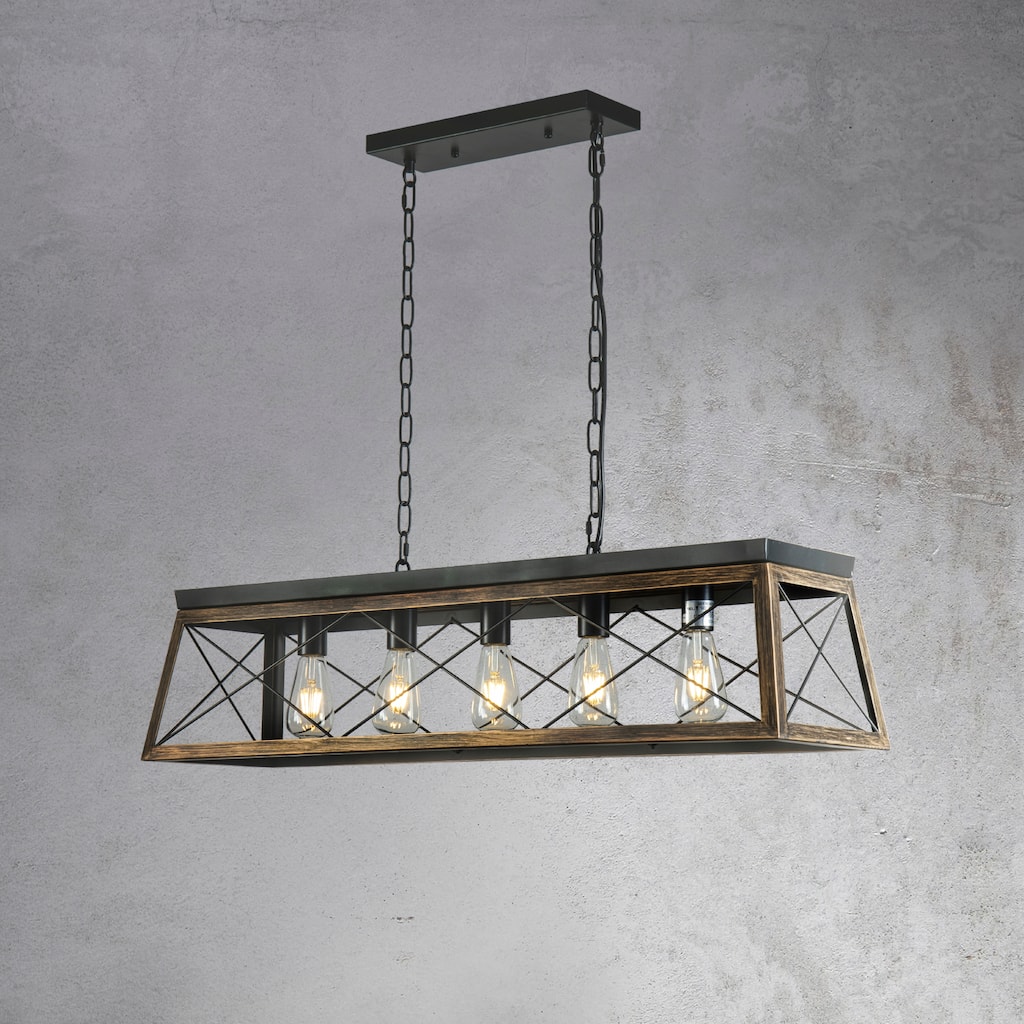 CraftHome 5-Light Black Square/Rectangular Cage Linear Farmhouse Chandelier for Dining Room