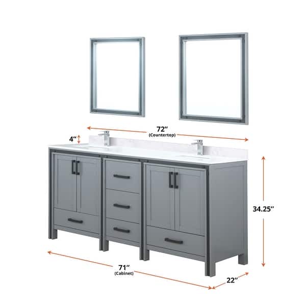 dimension image slide 0 of 3, Ziva 72 in W x 22 in D White Double Bath Vanity, White Quartz Top, Faucet Set and 30 in Mirrors