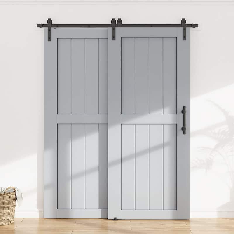 4-12FT Single Track Bypass Sliding Barn Door Hardware Kit for Double Doors J Style Rollers - 5FT