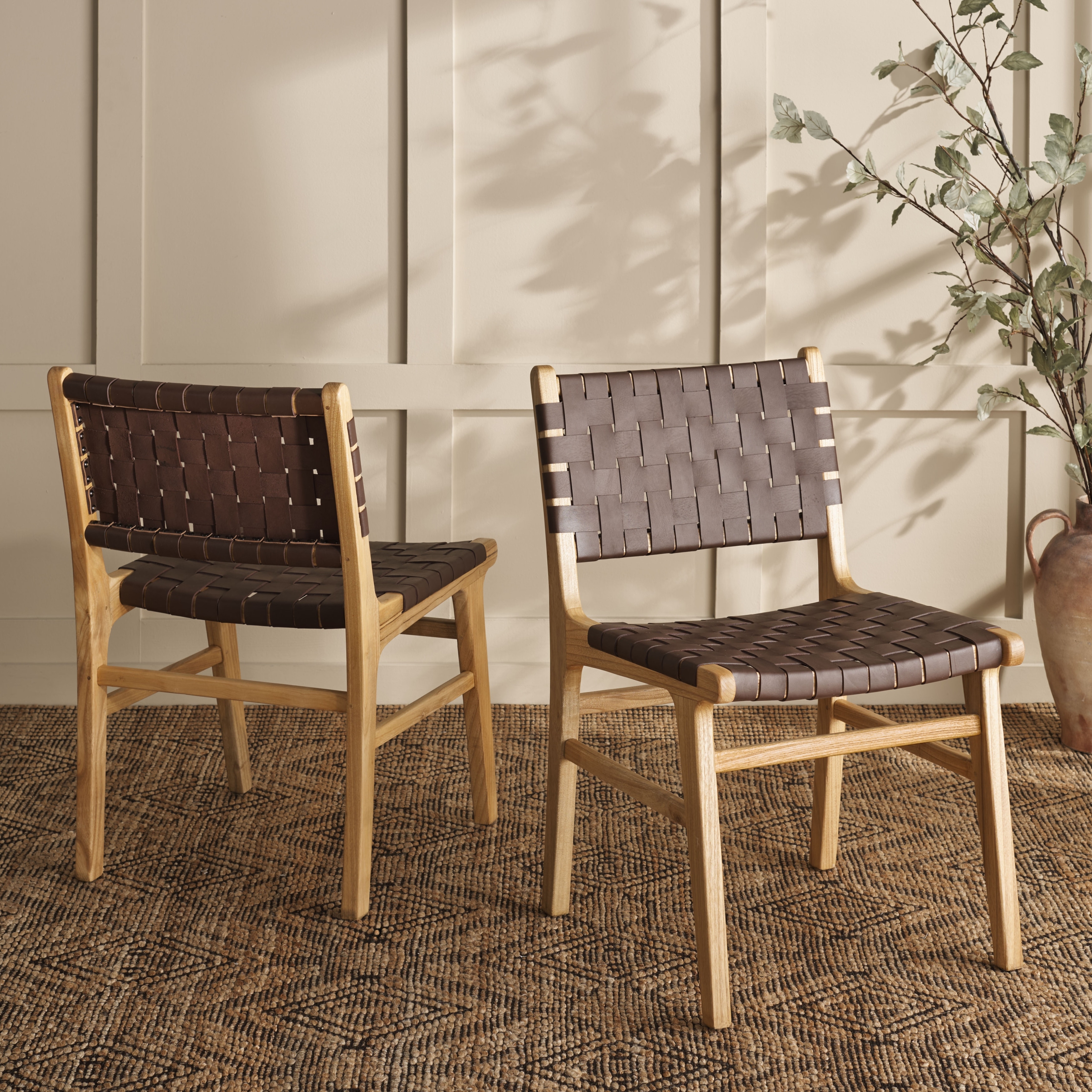 SAFAVIEH Taika Woven Leather Dining Chair - Cognac / Natural - Bed