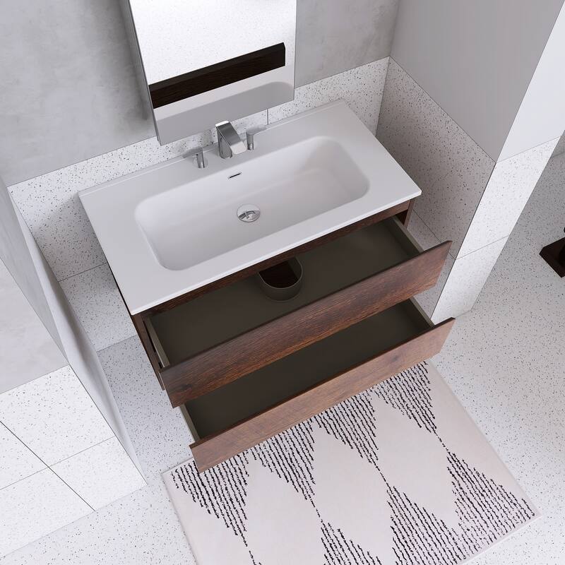 Floating Integrated Bathroom Vanity with Ceramic Sink, Three Faucet Holes