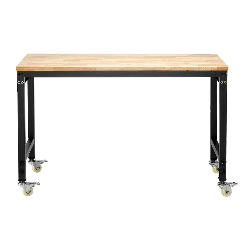 Black and Natural Oak Adjustable Height Workbench with Power Strip, Casters and Hooks - Black-Natural