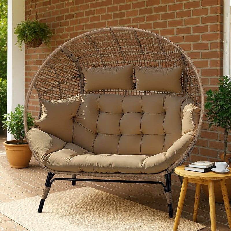 FINCATI 2-Person Indoor/Outdoor Wicker Egg Chair Loveseat, 57.1-in Wide, 6.5-in Cushion, 680-lb Capacity