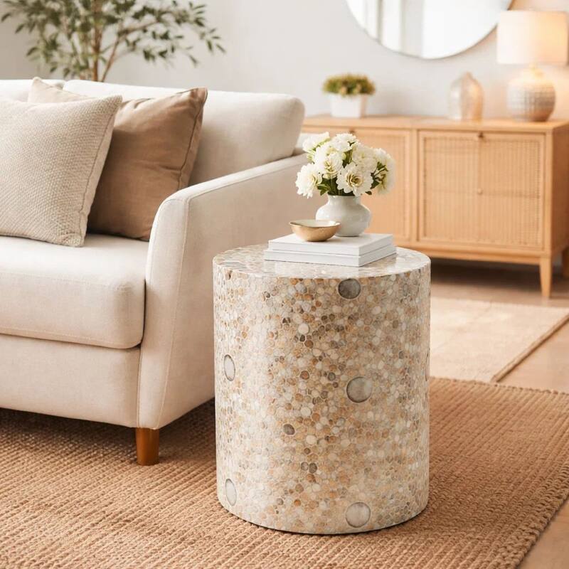 16 Inch Cylindrical Luxury Accent Table Decorative Stool, Blue, Gold, White
