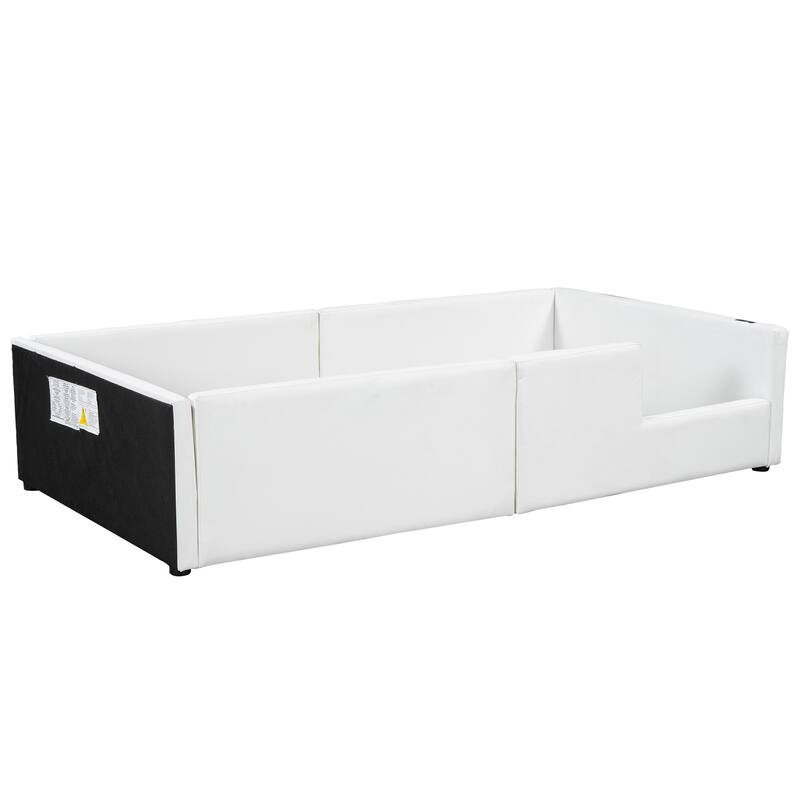 White Floor Bed Frame, Twin Size Upholstered Platform Bed with Slats, Guardrail and Charging Station for Children, Boys & Girls