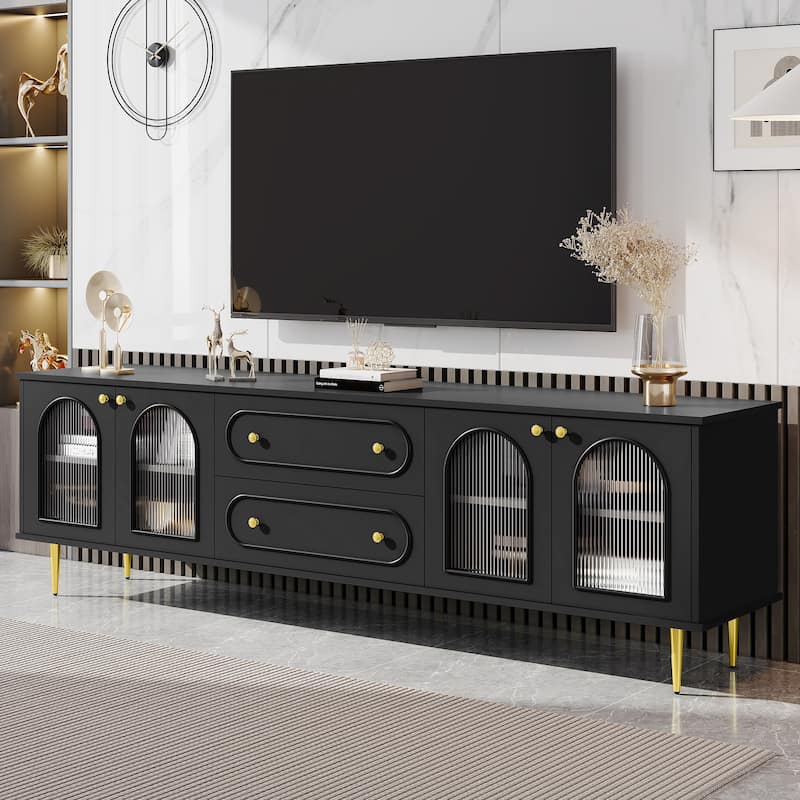 Modern TV Stand Up to 80'' with Fluted Glass Doors - 78.7" D x 15.7" W x 24.4" H