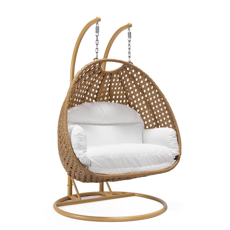 LeisureMod Mendoza 2-Person Hanging Egg Swing Chair - Handcrafted Light Brown Wicker, Patio Hammock Lounger with Cushions - 53" - White
