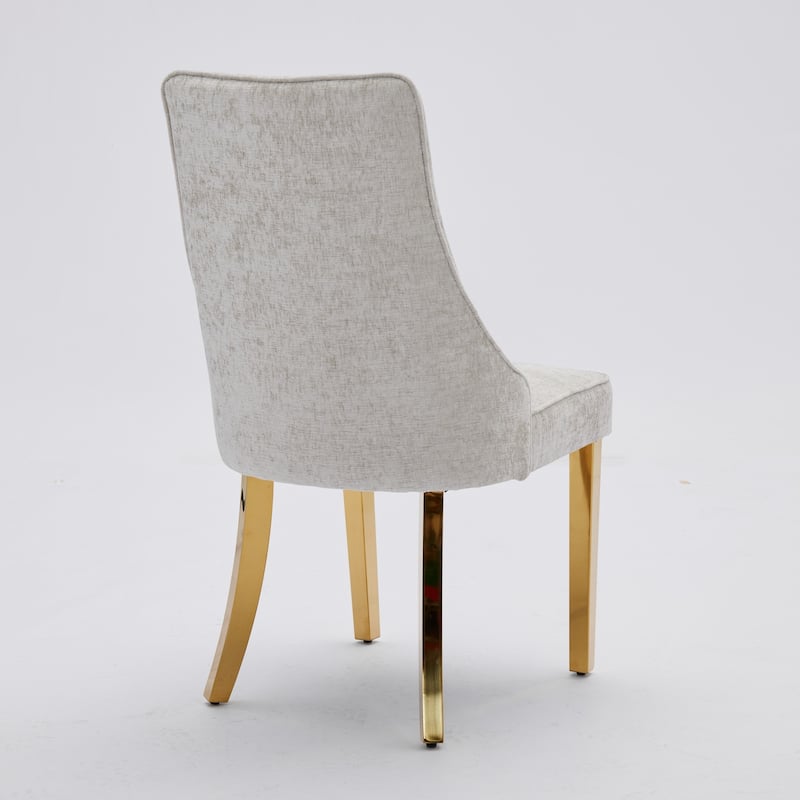 Beige Chenille Dining Chairs Comfy Fabric Upholstered Accent Chair w/ Stainless Steel Plating Legs - Set of 2