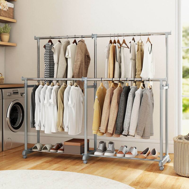 Costway Double Rod Clothes Rack with Extendable Height & Width for - Silver - See Details