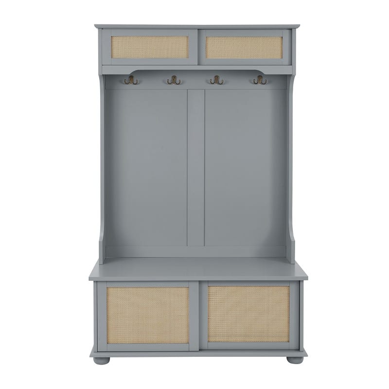 Grondin Mid-Century Modern Boho Style 4-in-1 Hall Tree with Sliding Rattan Doors, Entryway Bench with Coat Rack and Shoe Cabinet - Grey
