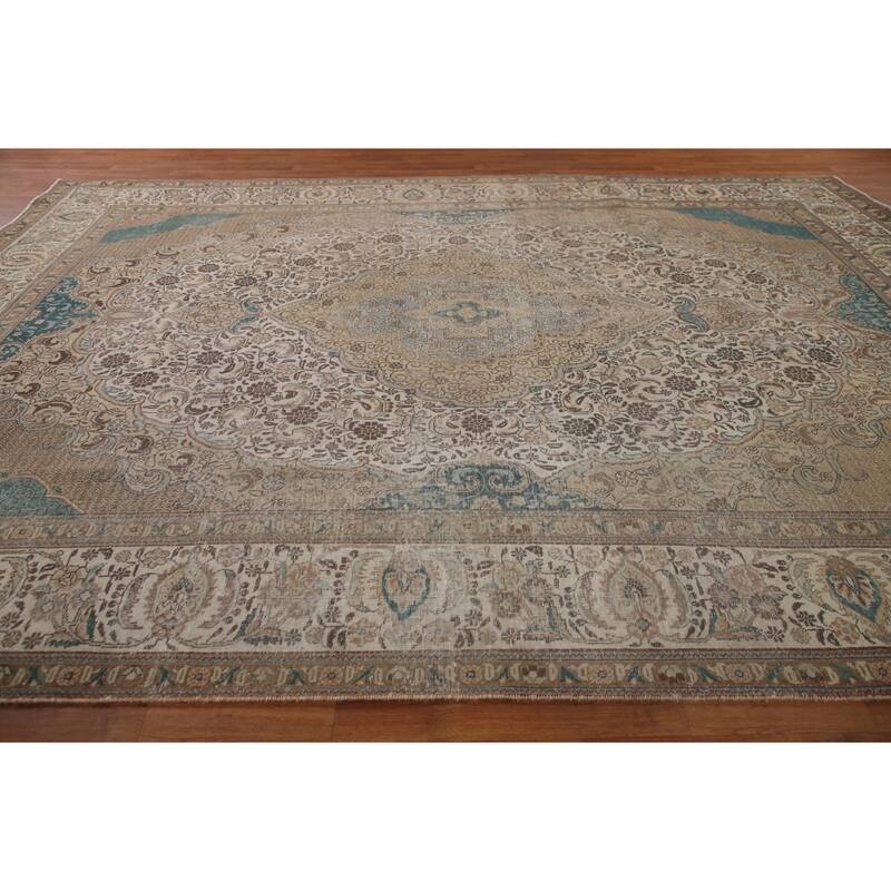Distressed Geometric Tabriz Persian Antique Rug Handmade Wool Carpet - 9'8" x 13'5"