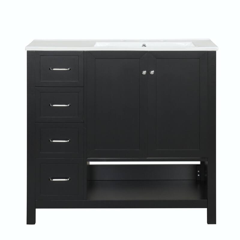 36" Bathroom Vanity - Sink Top, Two Doors, Two Drawers, and Open Shelf