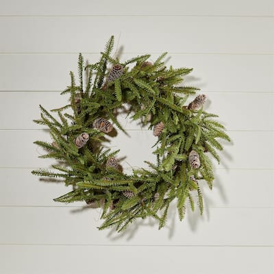 24"Round Green and Brown Pinecone Wreath with Wired Branches on Grapevine Twig Base for Seasonal Decor - 24”L x 7”W x 24”H