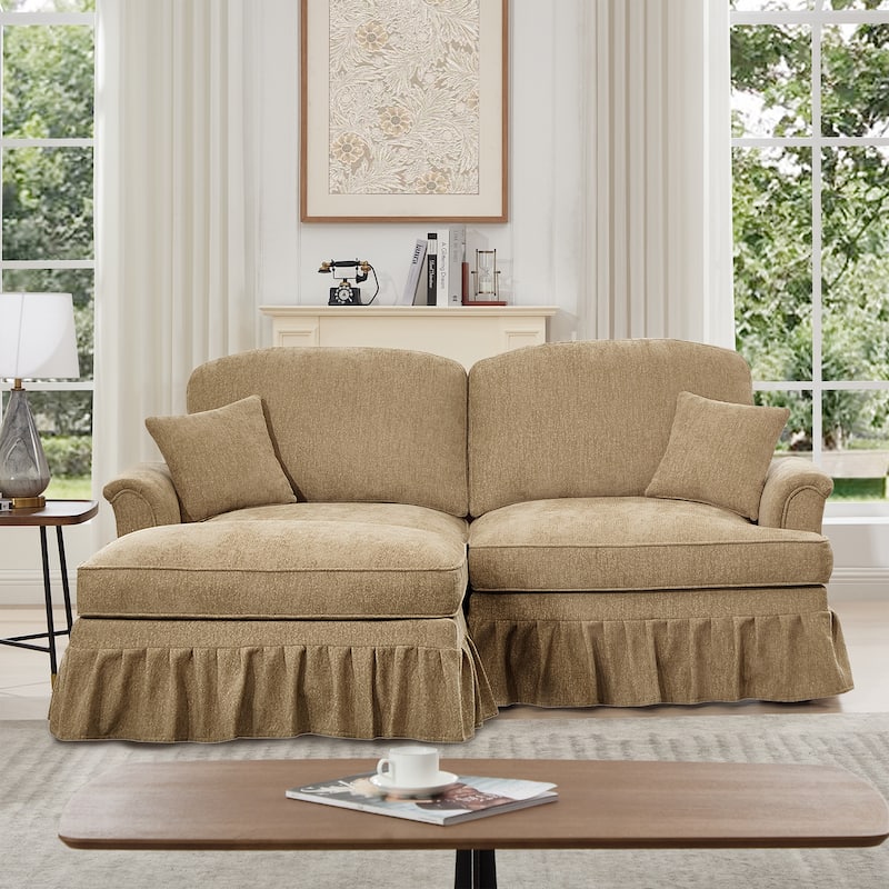 76.4" L Shaped 2-Seat Sectional Sofa, Chenille Couch with Ottoman, Flared Arms Loveseat with Removable Ruffles Pleats Skirts