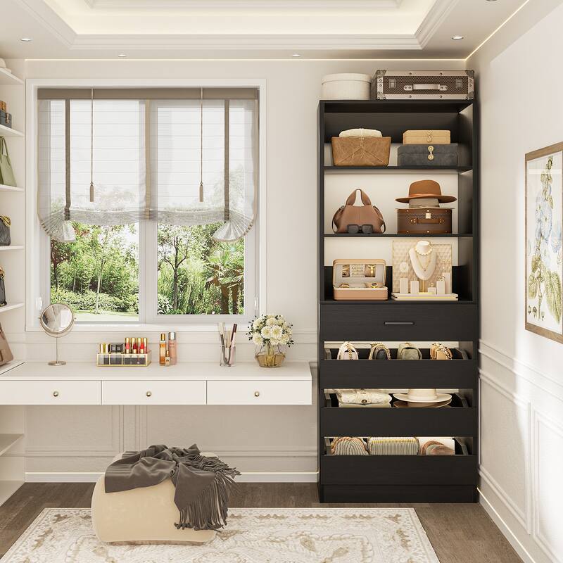 21.3" Storage Cabinet Bookshelf with Charging Station and 3 Wood Drawers, Freestanding Closet System with Storage Shelves