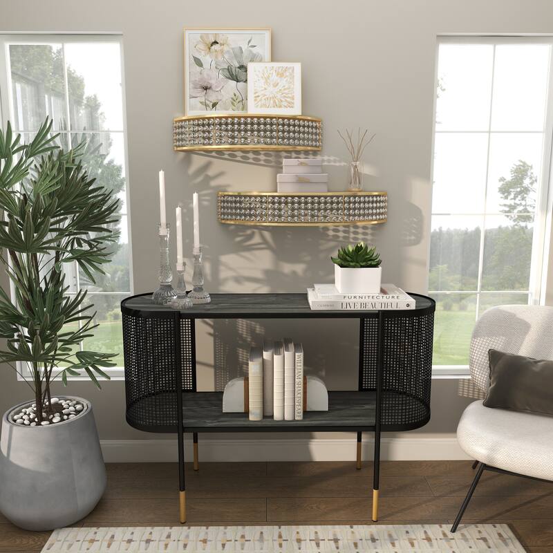 Gold Metal Half-Moon Wall Shelf with Crystal Embellishments (Set of 2)