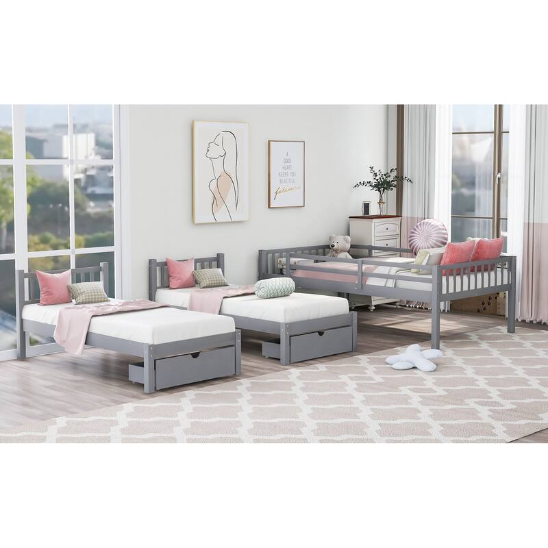 Wood Triple Bunk Bed with Drawers and Guardrails, Full Over Twin & Twin, Gray