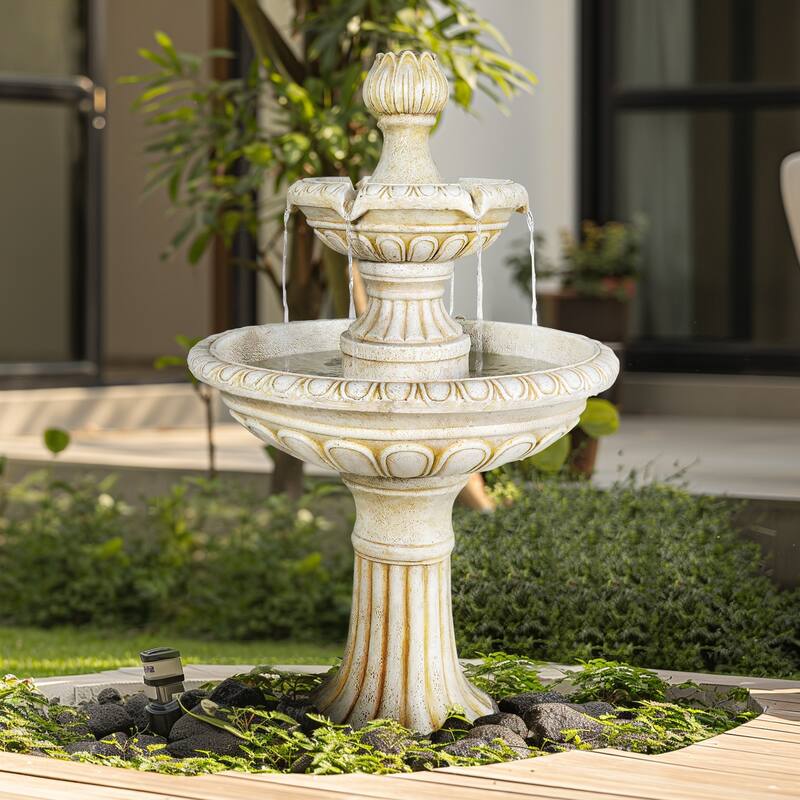 SunJet 40.5" Tall 3-Tier Pagoda Concrete Water Fountain - 40.5'' H X 25'' W X 25'' D