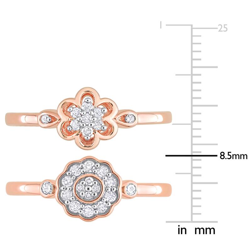 Miadora 1/3ct TW Diamond Flower Rings 2-Piece Set Rose Silver
