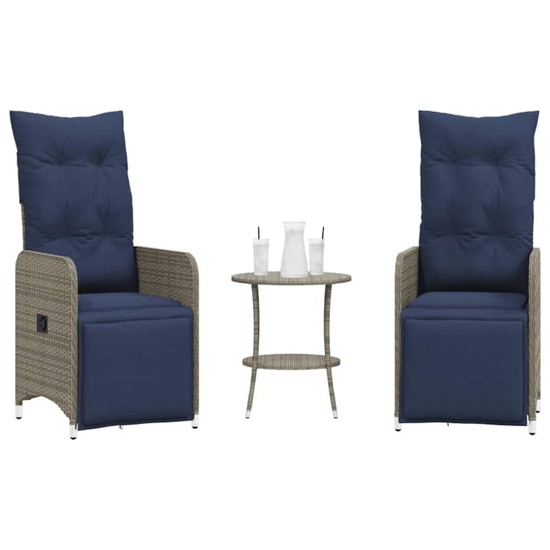 vidaXL Reclining Patio Chairs 2 pcs with Table Gray Poly Rattan - 21.5" x 23" x 36.2"