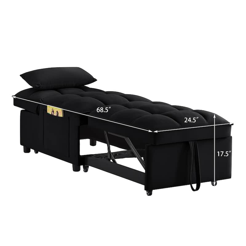 Velvet Multi-Function Chair Bed with Adjustable Backrest, Storage Pockets and Convertible Chaise Design