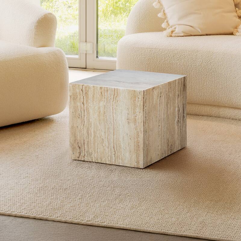 Evelyn 15" Contemporary Natural Marble Handmade Cube End Table, Gray/Beige, by JONATHAN Y.
