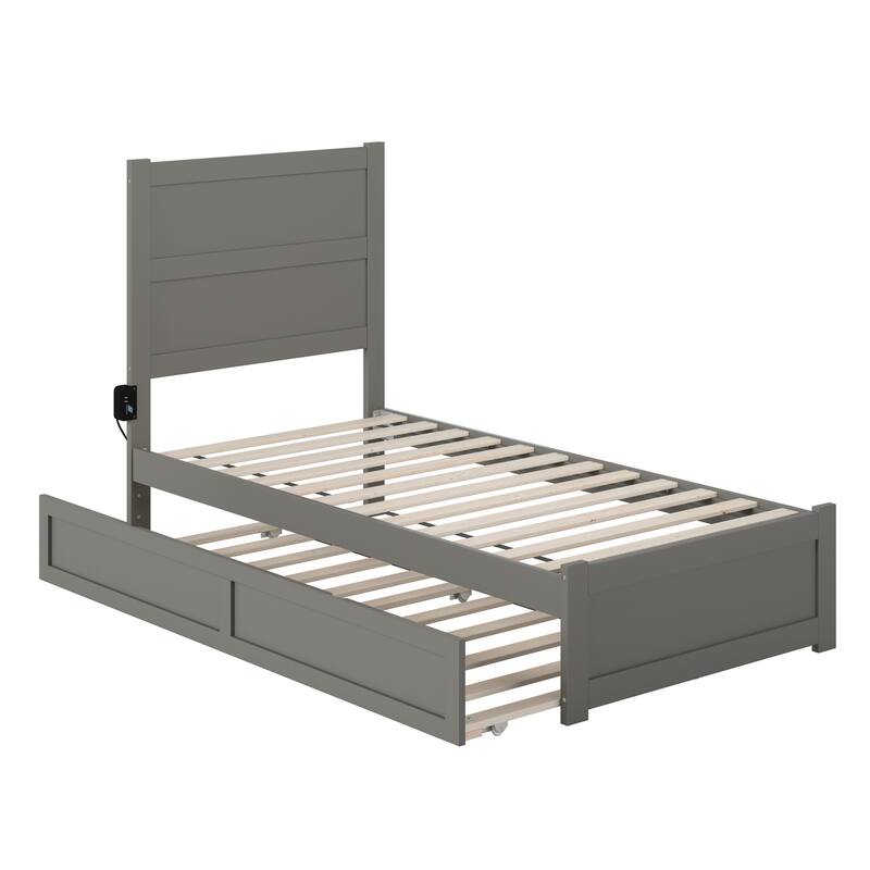 Twin Bed with Trundle - Grey Platform Bed Frame, Modern Style, Solid Wood, Charging Station