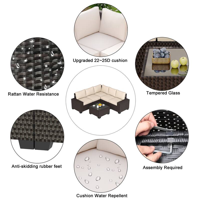 Outdoor Patio Sofa,6 Piece Rattan Furniture Set with Glass Table