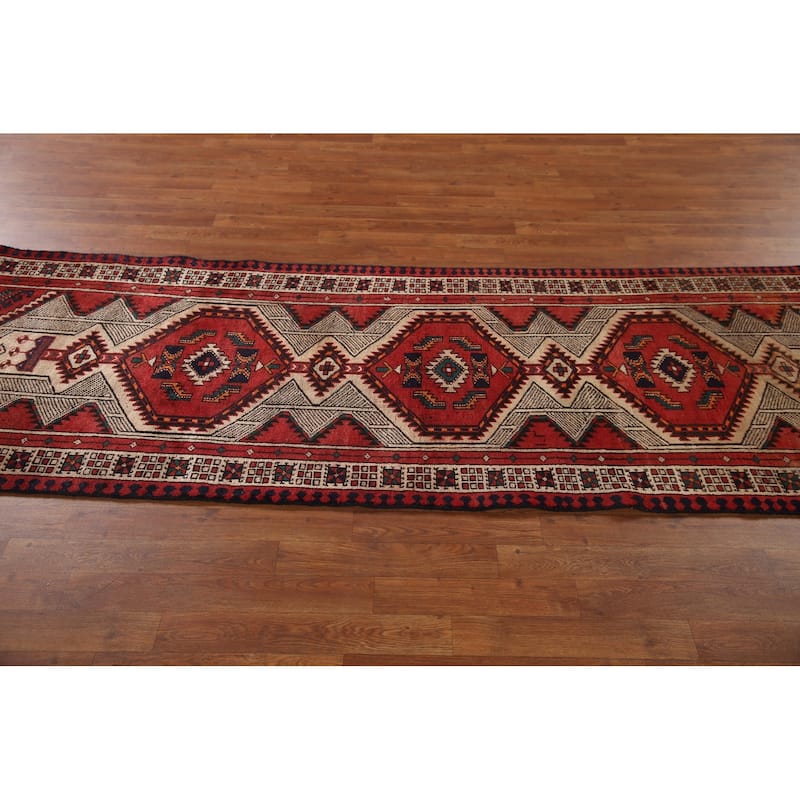 Red Ardebil Persian Vintage Runner Rug Handmade Wool Carpet - 3'2"x 9'8"