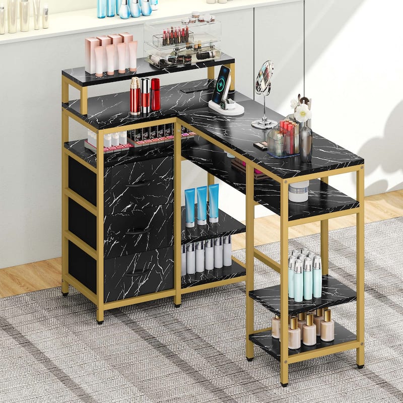 Moasis L Shape Nail Desk with Built-in Charging Station and Marbling Texture Manicure Station - Black