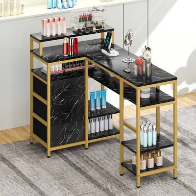 Moasis L Shape Nail Desk with Built-in Charging Station and Marbling Texture Manicure Station