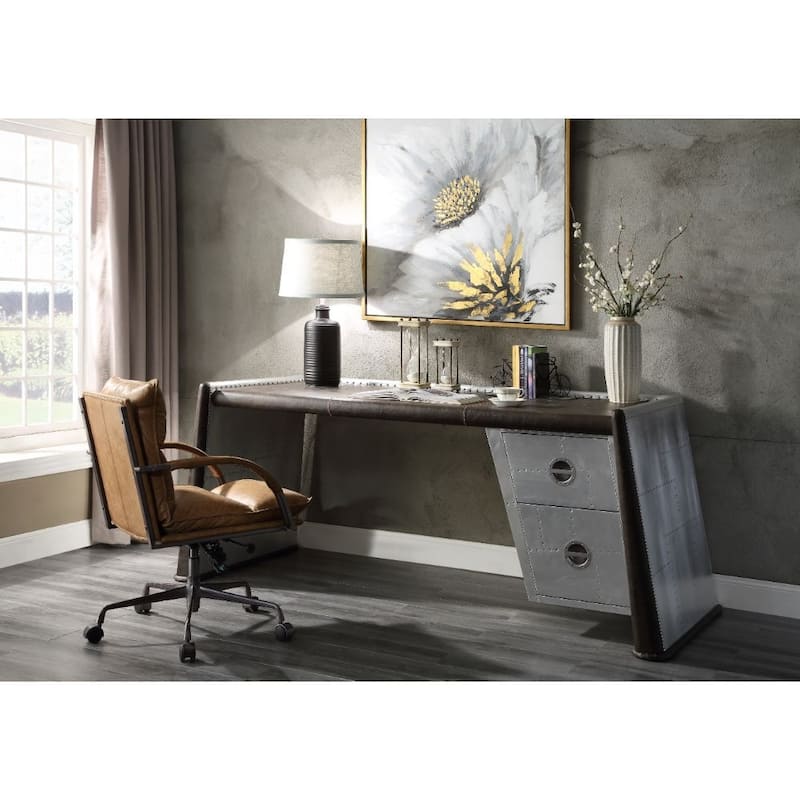 Bailee Distress Chocolate and Aluminum 2-Drawer Writing Desk