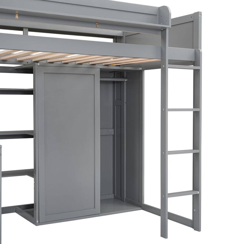 Twin Size Loft Bed with Storage Shelves, Wardrobe, and Built-in Desk, Gray