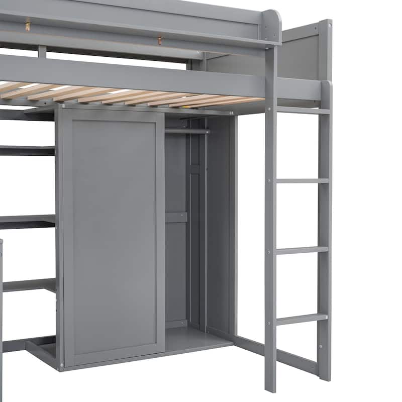 Wood Twin Loft Bed with Multiple Storage Shelves & Wardrobe