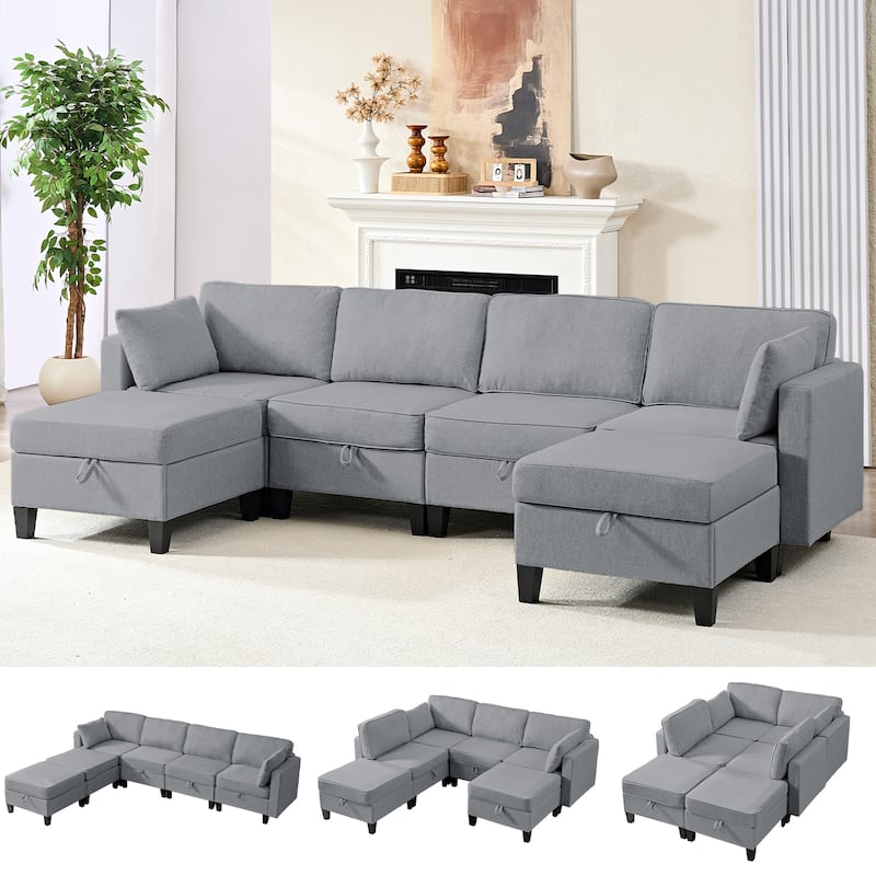 Mixoy Flexible Combination Reversible 4-Seater Modular Sofa with Ottomans,Linen Convertible Sleeper Sofa Bed with Storage Space