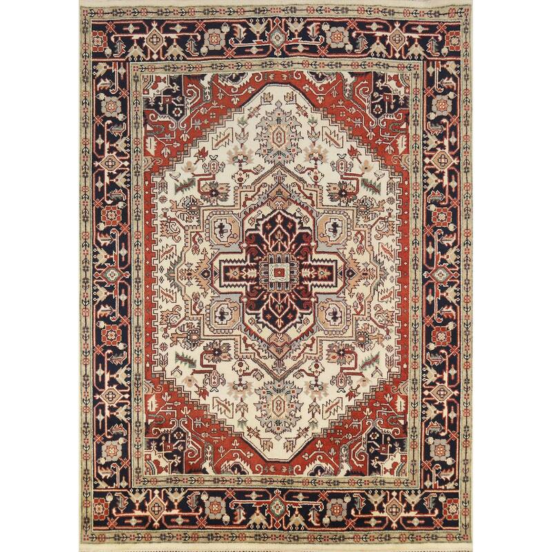Geometric Ivory Heriz Serapi Indian Area Rug Handmade Wool Carpet - 8'0" x 9'9"