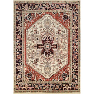 Geometric Ivory Heriz Serapi Indian Area Rug Handmade Wool Carpet - 8'0" x 9'9"