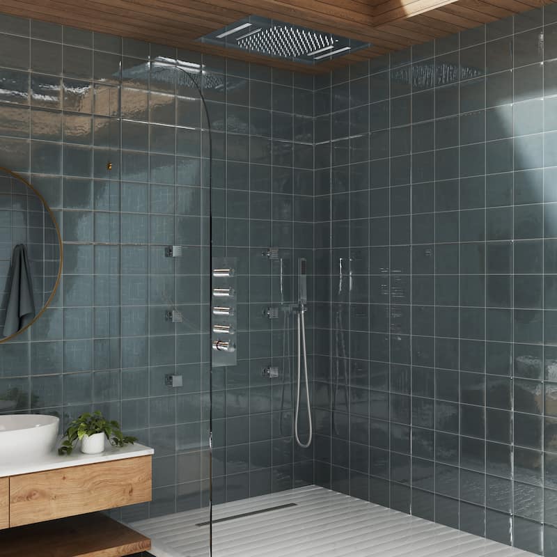 Luxury 4-Spray Patterns 23 in. Ceiling Mount Shower System with Handheld Shower Head, 6 Body Jets, LED, and Music - 15" x 23"