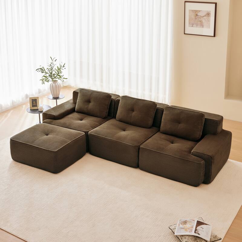 117" Modern L-Shaped Modular Sectional Sofa for Living Room, Corduroy Fabric,3-Seater Couch with Deep Seat and Movable Ottoman - Brown
