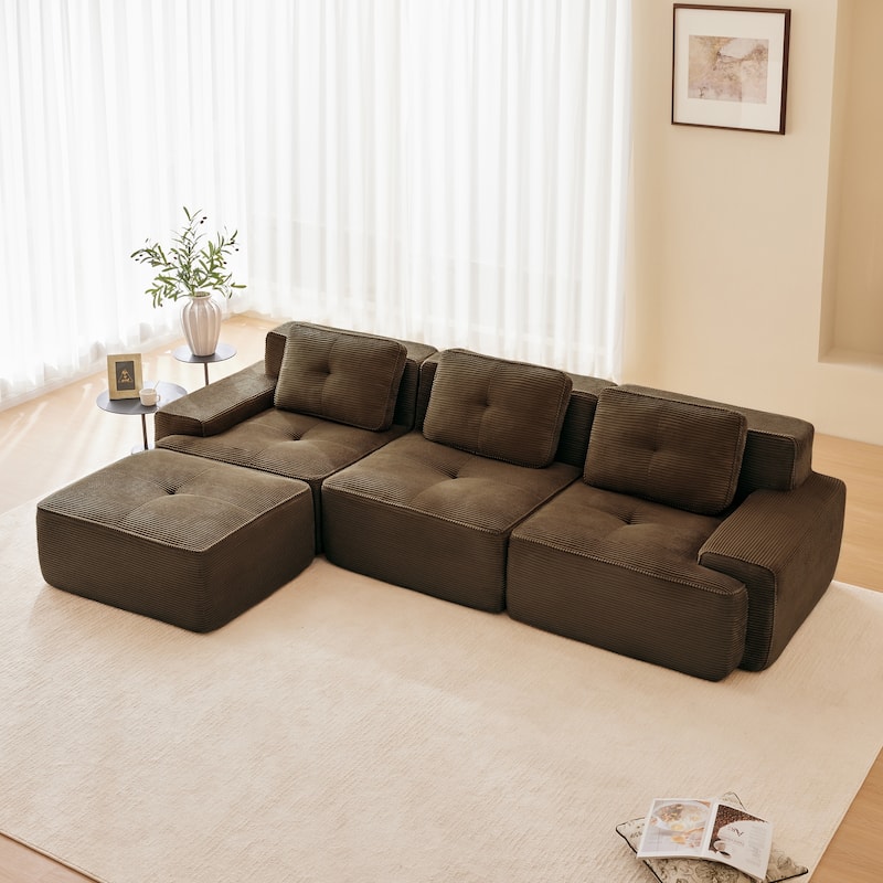 Modular L-Shaped Sectional Sofa with Ottoman for Living Room - Brown