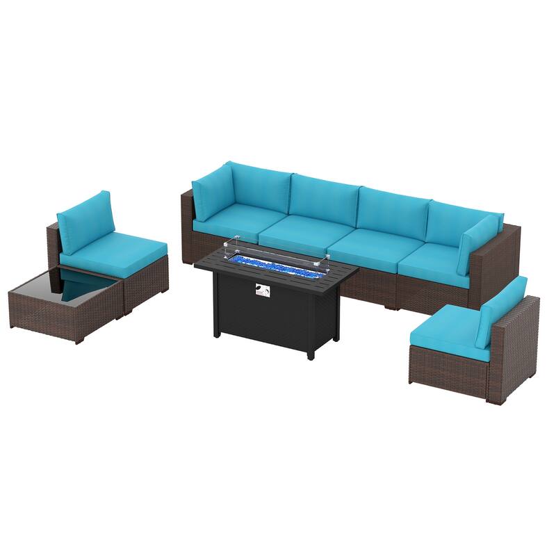 Outdoor Wicker Sectional Sofa 8-Piece Set with Fire Pit Table