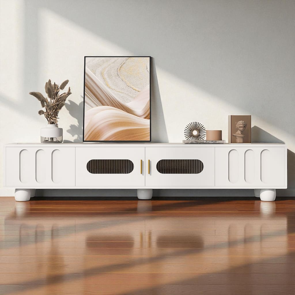 Modern 70.9'' TV Stand for TVs up to 80'', Entertainment Center with Glass Door, Drawers, Solid Wood Legs & Metal Handles