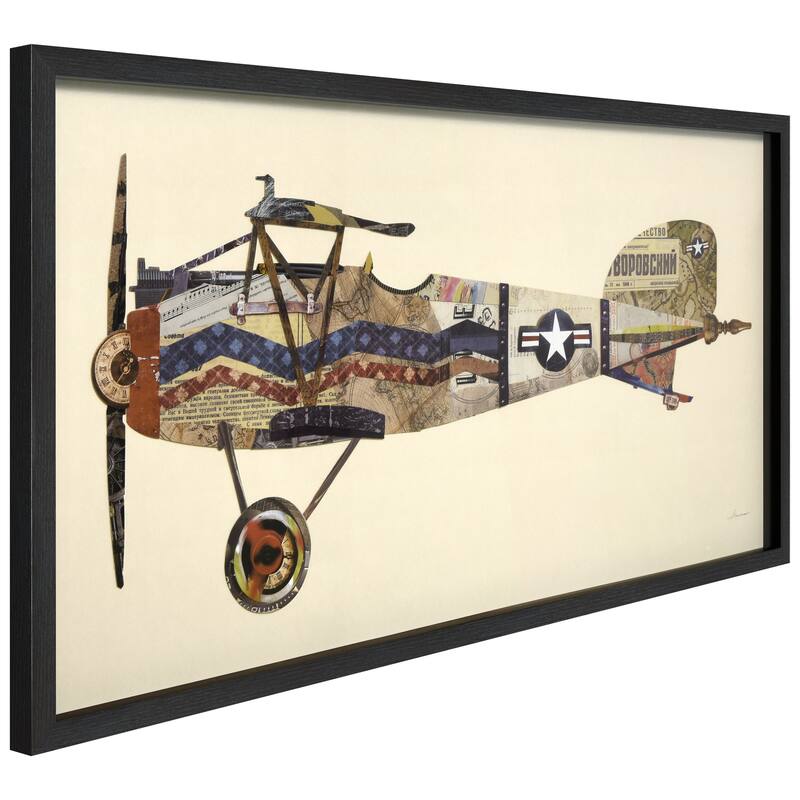 Empire Art "Antique Biplane #3" Alex Zeng's dimensional collage, under glass & a black shadow box frame