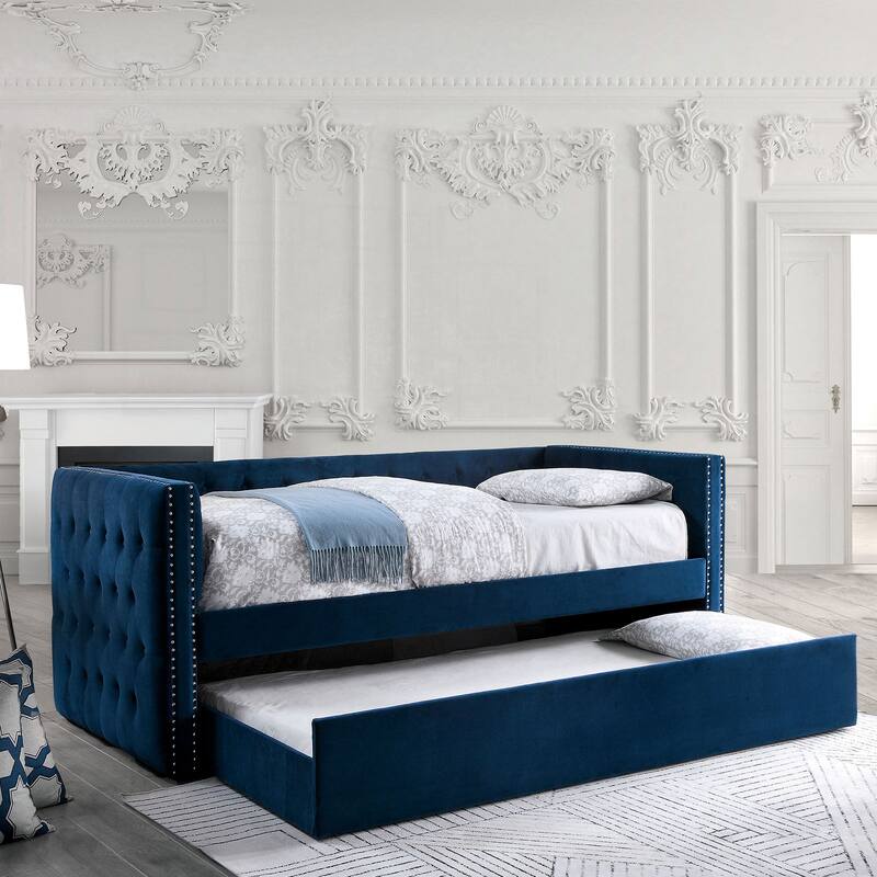 Navy Tufted Upholstered Daybed with Trundle, Nailhead Trim & Slat Kit - Navy