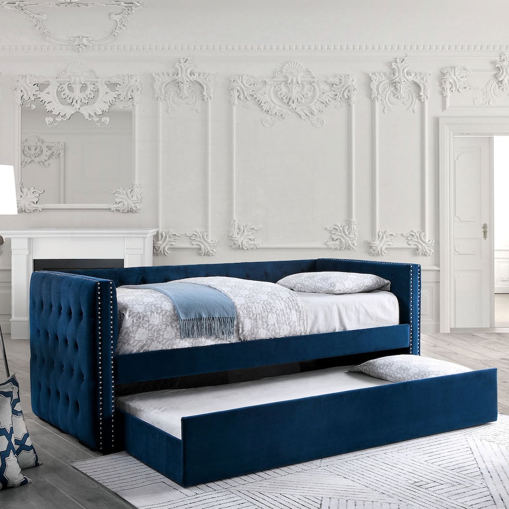 Navy Tufted Upholstered Daybed with Trundle, Nailhead Trim & Slat Kit