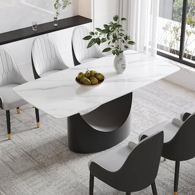 71" Black Marble Sintered Stone Table Top,Rectangle Dining Room Table with Unique U-Shape Black Carbon Steel Pedestal