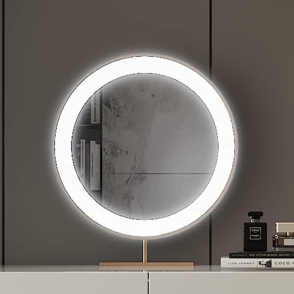 erkki round led metal dresser mirror GLSLAND 16 in. W x 14 in. H LED Light Semicircular Metal Framed Makeup Vanity Mirror White Hollywood Mirror A1614LEDW9D