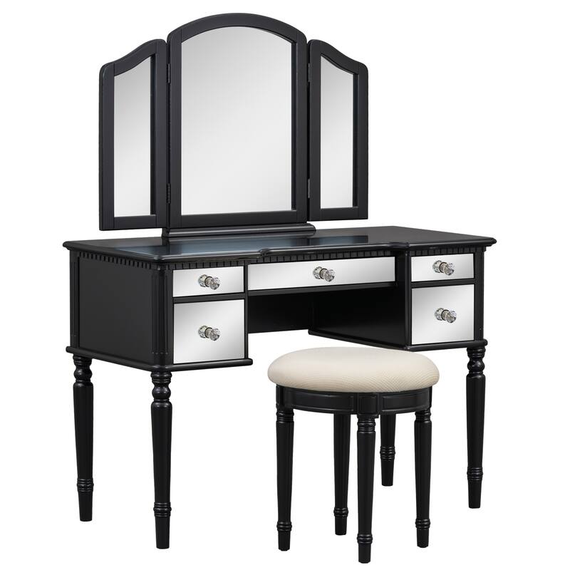 43-Inch Makeup Vanity Set with Adjustable Tri-fold Mirror, Mirrored Drawers, and Soft Cushioned Stool
