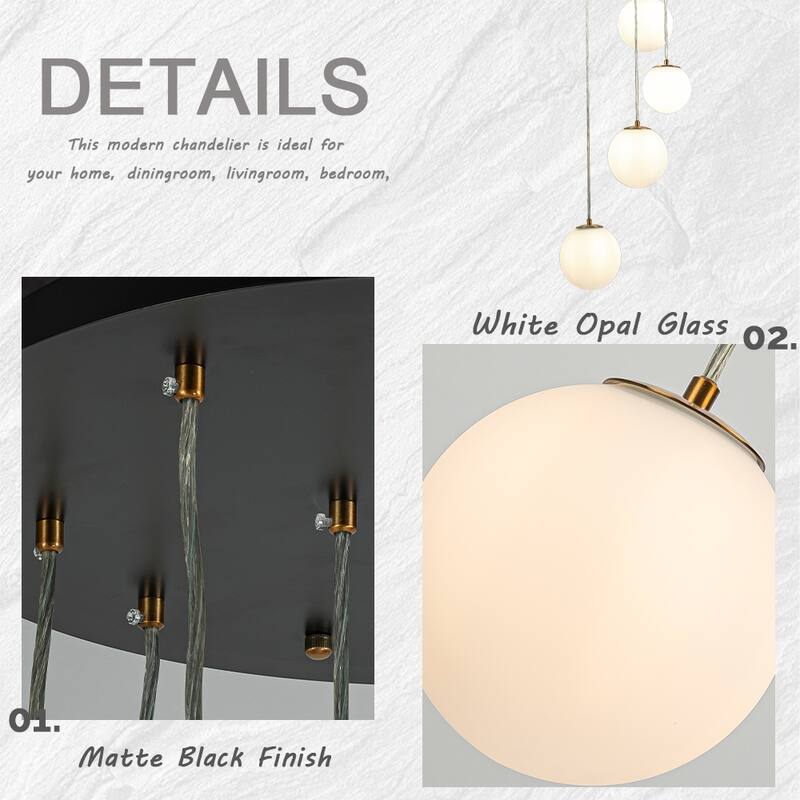 18'' 8-Light Modern White Opal Glass Staircase Chandelier Globe Bubble Glass Pendant In Matte Black For Foyer Entryway - W18''