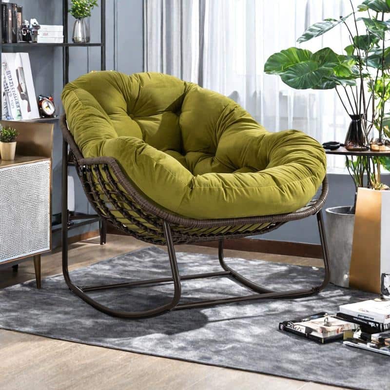 Rattan Rocking Chair with Padded Cushion and Steel Frame Recliner, 250lb Capacity